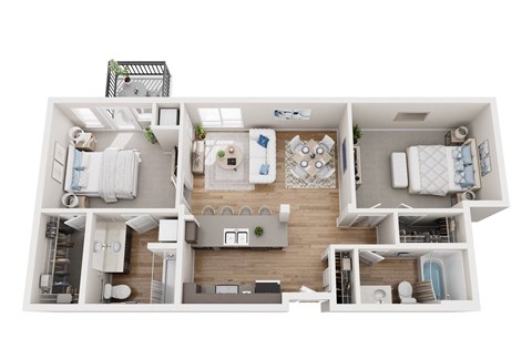 Floor plan for 2 beds, 2 baths, 999 sqft